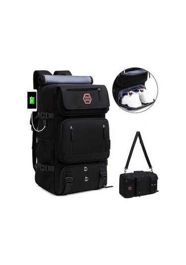 Pazly 50 Litre Siyah Unisex Seyahat Kamp Sirta Cantasi Ayakkabı, Usb Şarj, Ayarlanabilir Omuz Askısı, Genis Kapasiteli, Bolmeli, Polyester Siyah