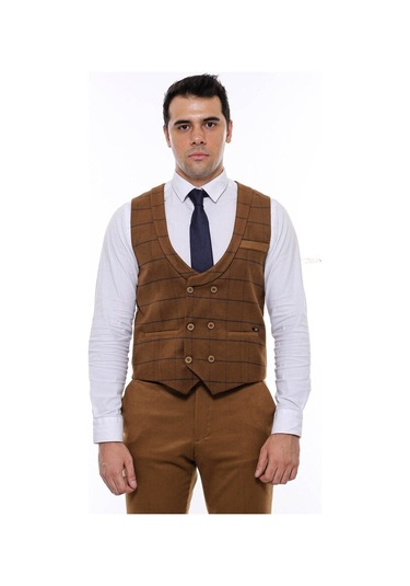 Kareli Desenli Kruvaze Kahverengi Erkek Yelek 001