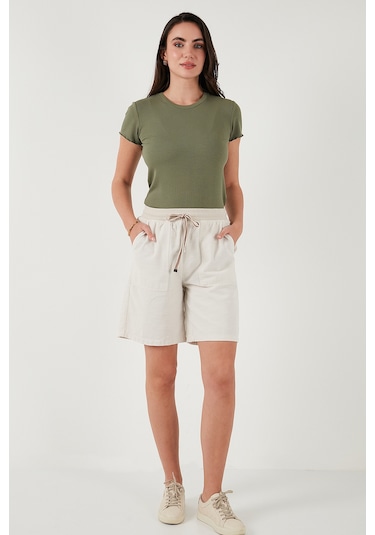 Lela Pamuklu Relaxed Fit Yüksek Bel Cepli Mini Bayan Şort 668Yp5384 Taş