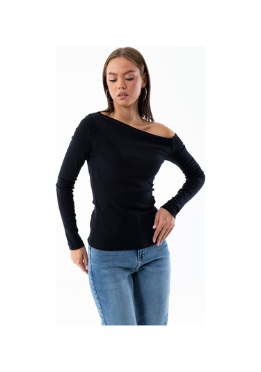 Giysa Kadın Asimetrik Yaka Uzun Kollu Basic Bluz Siyah - Ms0001283 Siyah