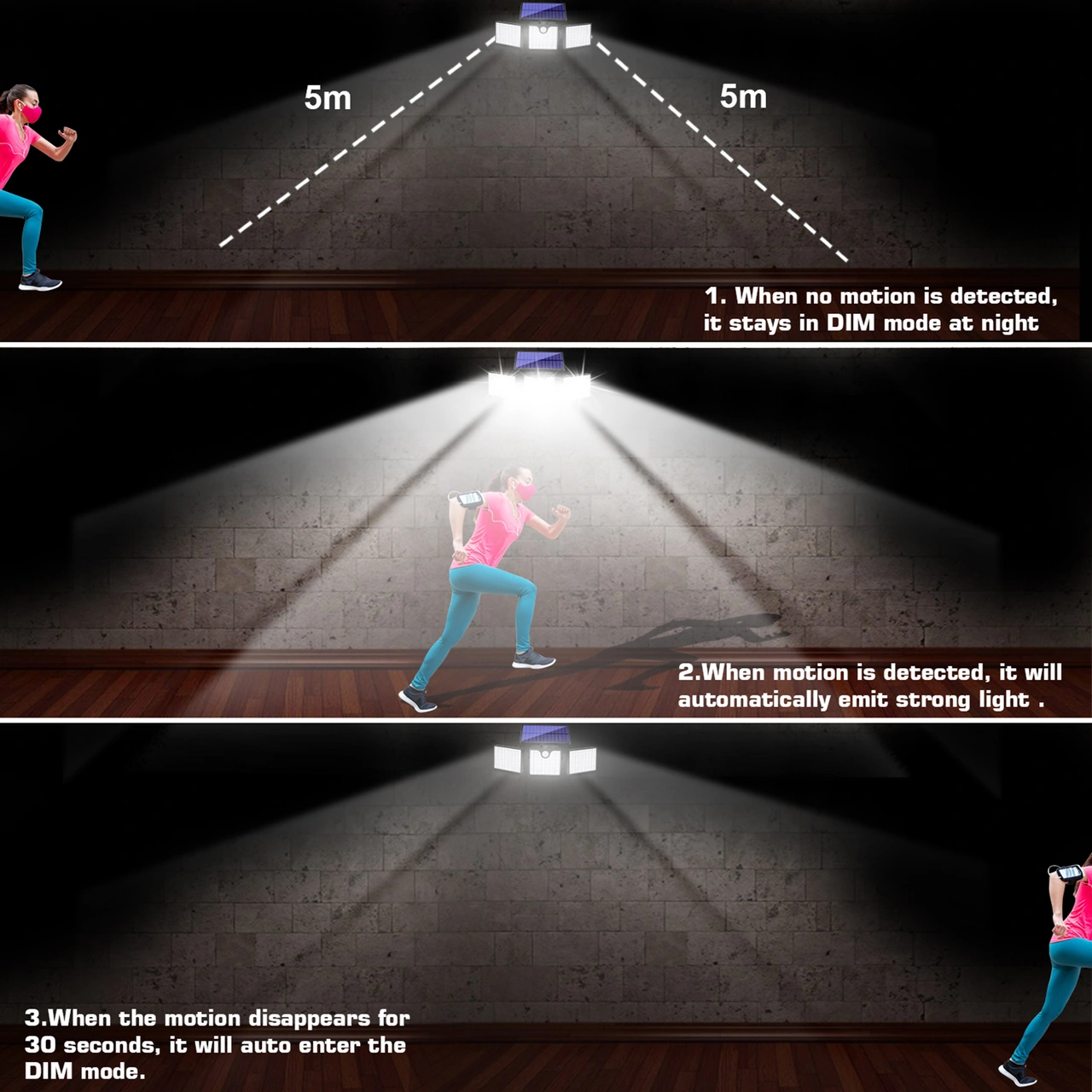 Yuntech01 Güneş Enerjili 3 Kafa Duvar Lambası, 400lm Led, İnsan Algılama+ışık Kontrol, Ip65 Su Geçirmez, Bahçe Aydınlatması