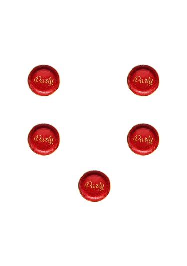 Roll-up Parti Doğum Günü Işıltılı Kırmızı Party Yazılı Karton Tabak - 22 Cm. - 8 Adetlik 5 Paket Kırmızı
