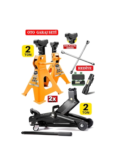 2000kg Kapasiteli Tekerlkli Kriko X2 Çift Sehpa Tip + Bijon Seti