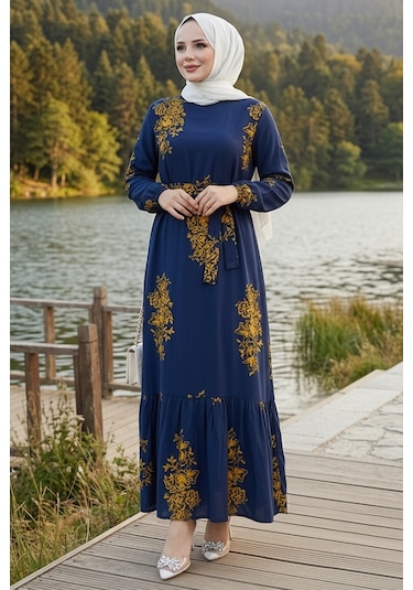 Bestenur Noyra Desenli Viskon Elbise 1722 - Lacivert