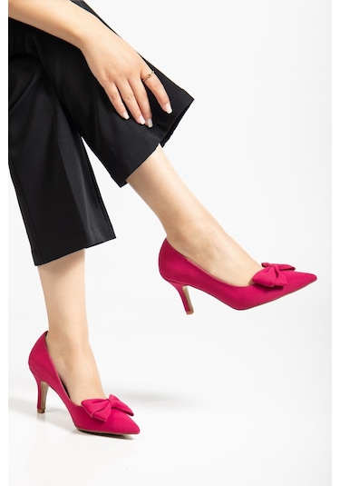 Büyük Beden Kadın Stiletto İnce Topuklu Ayakkabı Fuşya Saten Fiyonklu-4297 Fuşya