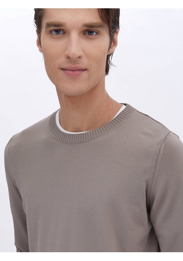 Açık Vizon Bisiklet Yaka Düz Örgü Triko Kazak Vizon