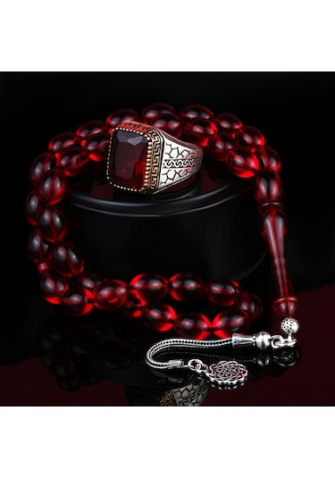 Fkgümüş 925 Ayar Gümüş Kırmızı Sıkma Kehribar Taşlı Yüzük Ve Tesbih Silver