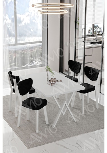 Avvio Senta Beyaz Elma Sandalye 80x120 Yemek Masası Mutfak Masası 4 Kişilik Masa Sandalye Takımı Beyaz
