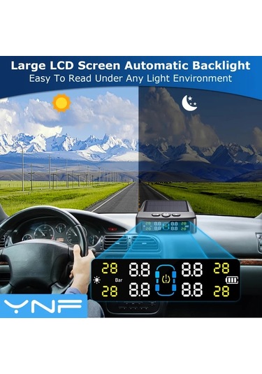 Boatshop1 Ynf Solar Tpms Siyah Gercek Zamanli Lastik Basinc Sicaklik Monitoru 4 Harici Sensor Usb Sarj