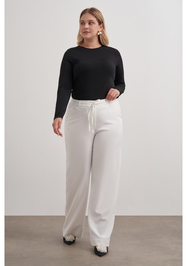 Beli Lastikli Geniş Paça Pantolon-6186 Beyaz