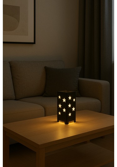 Yıldız Desenli Kablolu Metal Gece Lambası Dekoratif Led Aydınlatmalı Masa Lambası Siyah