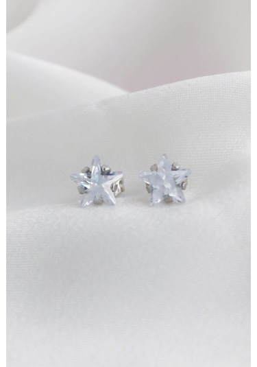 Niki Aksesuar Çelik Yıldız Küpe - Gümüş Renk Zirkon Taşlı Büyük Boy Gümüş
