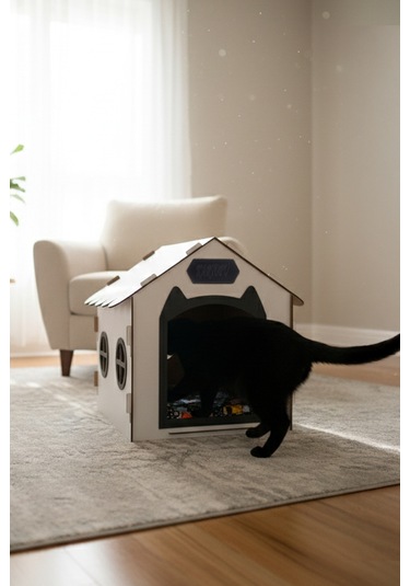 Ahşap Özel İsim Baskılı Dekoratif Kedi Evi-kulübesi, Kediler İçin Kulübe, Kedi Kulübesi Beyaz-siyah