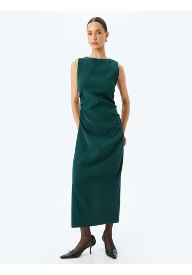 Koton Krep Kumaş Drape Detaylı Slim Fit Yuvarlak Yaka Kolsuz Uzun Kalem Elbise Yeşil 5wak80112uw Yeşil