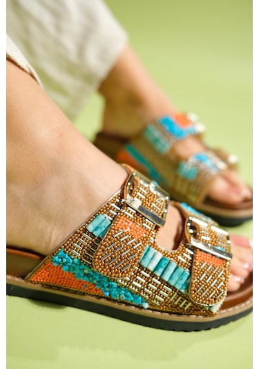 Luvishoes Lanso Taba Taşlı Çift Bantlı Kadın Terlik Taba