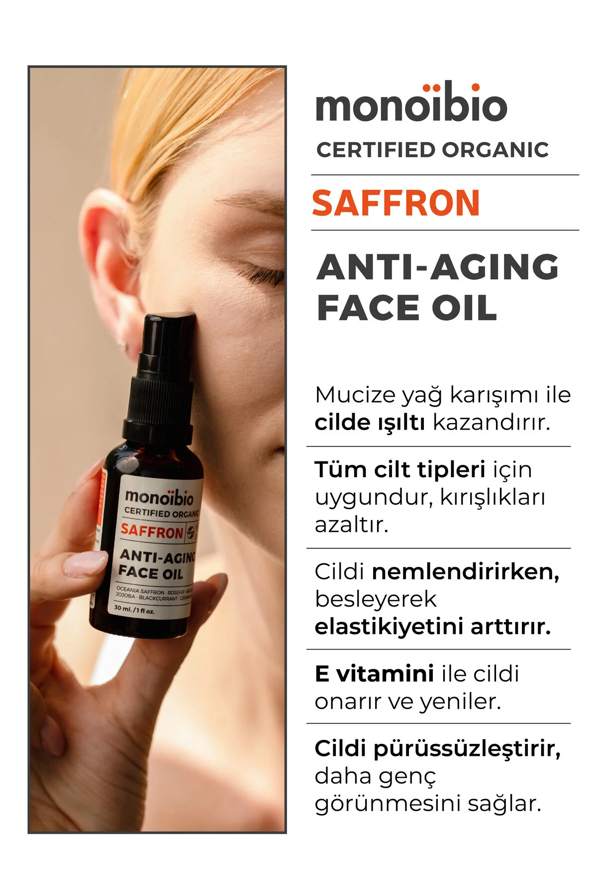 Monoibio Saffron Yaşlanma Karşıtı Organik Yüz Bakım Yağı - Anti Aging Kolajen Yapısı Güçlendirici Serum 30 Ml
