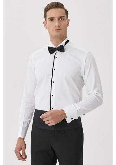 AC&Co / Altınyıldız Classics  ERKEK BEYAZ SIYAH Damatlık Ata Yaka Tailored Slim Fit Gömlek Beyaz
