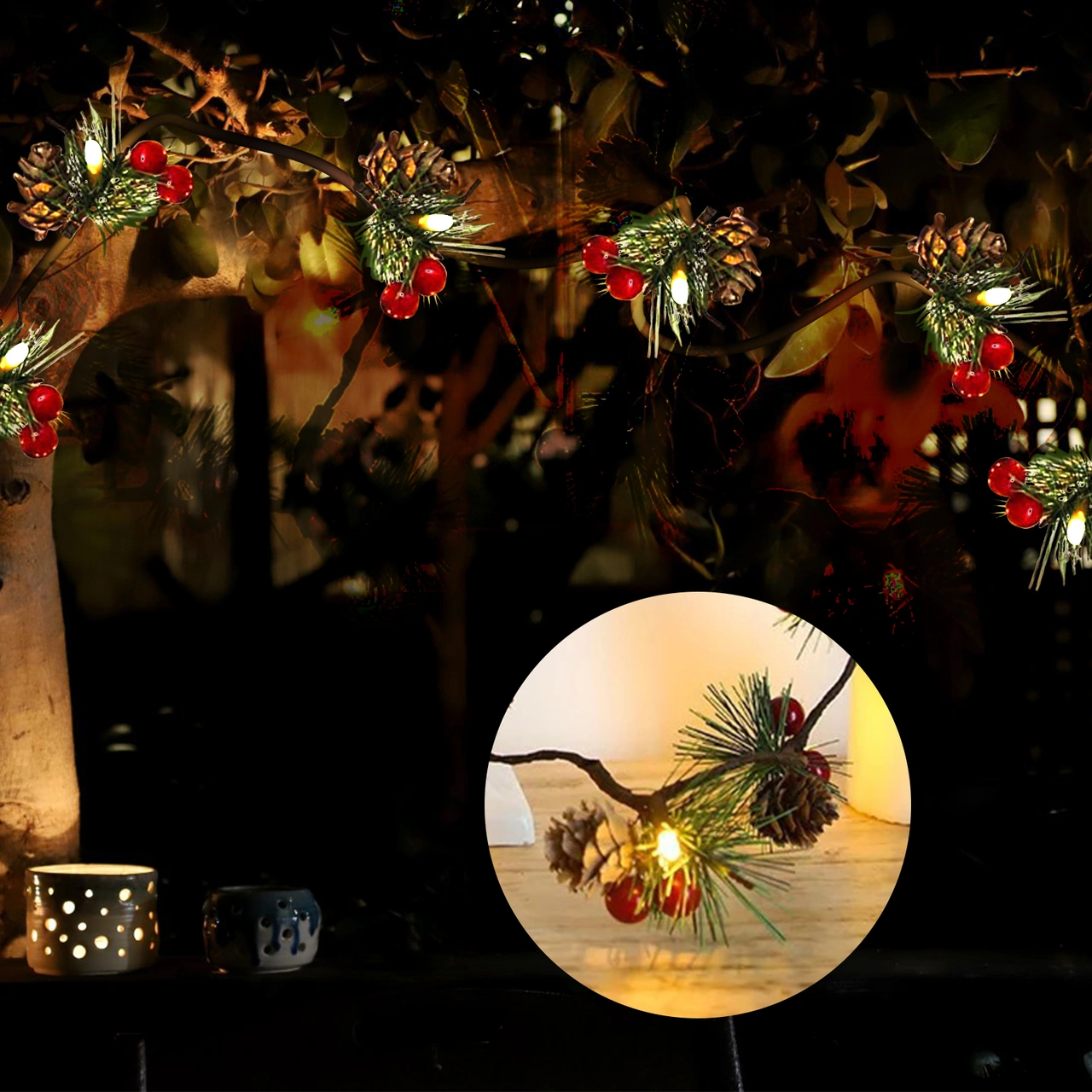 Kangvka Pinecone Kırmızı Meyve Dekoratif Led Bakır Tel Lambası - Pilli, Kreatif Ev Dekoru Işıklı Zincir Diğer