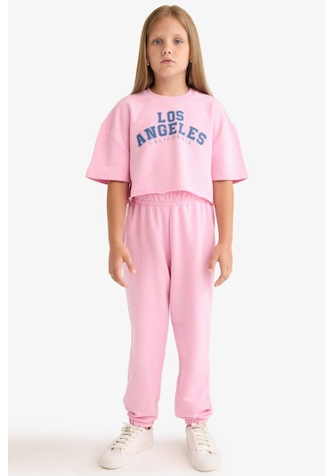 Defacto Kız Çocuk 2li Takım Baskılı Kısa Kollu Tişört Beli Lastikli Eşofman Altı E6414a825aupn649 Pembe