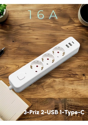 Ftr/16 3680w 16a 3 Priz, 2 Usb, 1 Type-c, 1.8 Metre Akım Korumalı