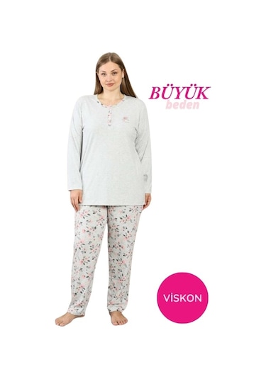 Alimer Kadın Büyük Beden Gri Çiçek Desen 3 Düğmeli Mevsimlik Uzun Kol Pijama Takımı Gri