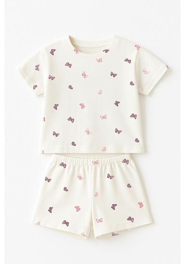 Kız Çocuk %100 Pamuk Kelebek Desenli Şortlu Takım 3-4 Yaş 8-9 Yaş Beyaz