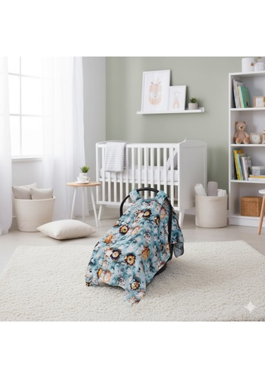 Sevimli Hayvan Desenli 3D Dijital Baskı Pamuk Müslin Kumaş Puset Örtüsü Mavi