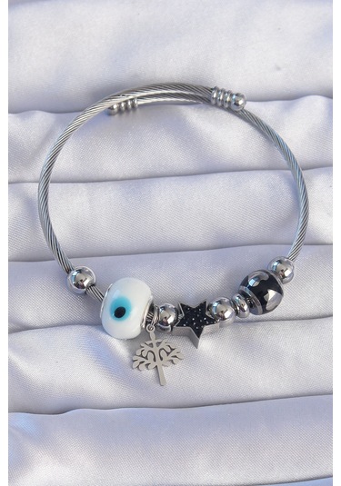 316l Çelik Gümüş Renk Siyah Zirkon Taşlı Yıldız Tasarımlı Ağaç Detay Nazarlı Charm Bileklik - Tj-bb6198 Diğer