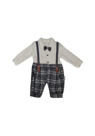 Erkek Bebek Tulum Papyonlu Takım Görünümlü Pamuklu 81 Krem