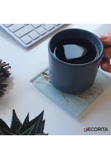 Cam Bardak Altlığı 4'lü Takım Gold Detaylı Beyaz Mermer Görünüm Beyaz