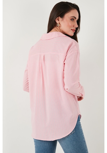 Lela Regular Fit Uzun Kollu Cepli Çizgili Bayan Gömlek 6772895 Şeker Pembe