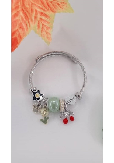 Kadın Charmlı Kiraz Figürlü Çelik Bileklik Yeşil