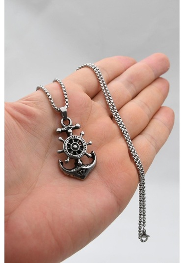 Çapa Dümen Figürlü Kolye Paslanmaz Çelik Zincir 902291 Gümüş