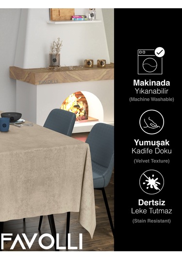 Kadife Dokulu Sahra Beji Masa Örtüsü Sahra Beji