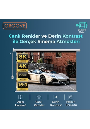 Groove Vizio Pro 150 Inch Blackout Işık Geçirmez Elektrikli Otomatik Kumandalı Projeksiyon Perdesi 332x188cm +motorlu+canlı Renkler+göz Koruması+leke Tutmaz Projector