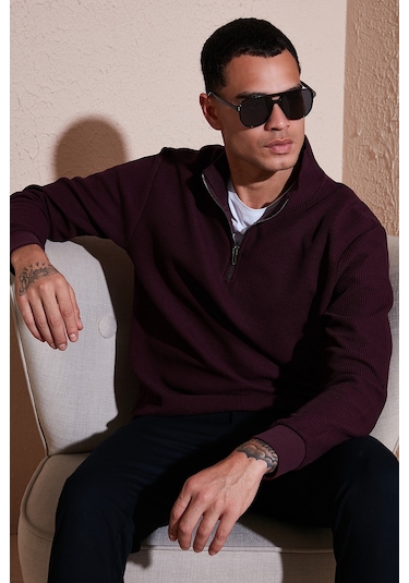 Buratti Pamuklu Regular Fit Yarım Fermuarlı Dik Yaka Erkek Sweat 5905716 Vişne