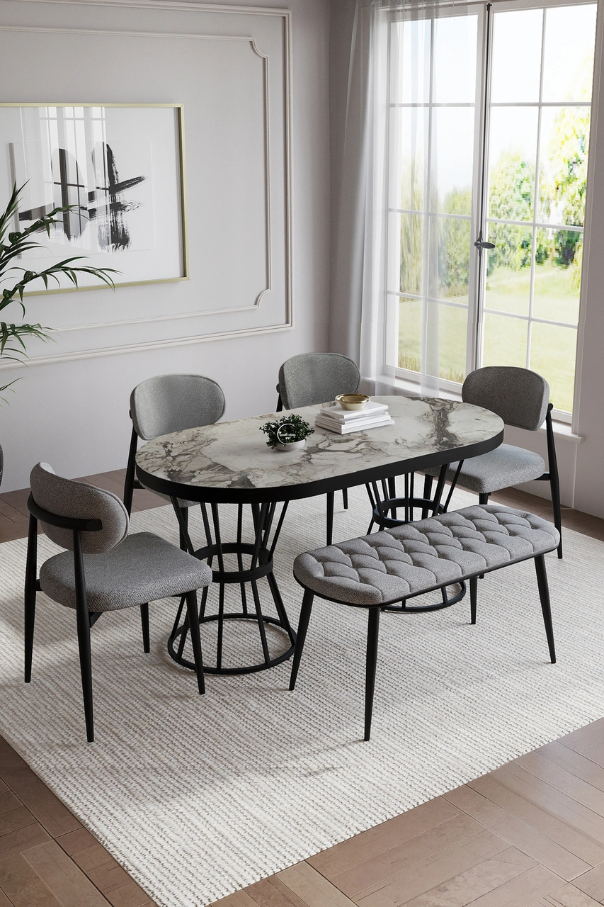 Bohem Polo Mutfak Masası Takımı 6 Kişilik Bencli Siyah Gri