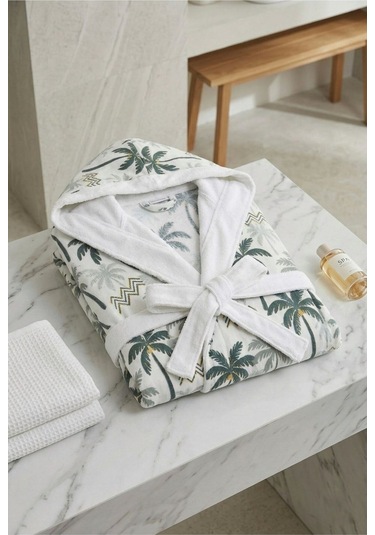 Tropical Breeze Pamuklu Desenli Kapüşonlu Bornoz Yeşil Palmiye
