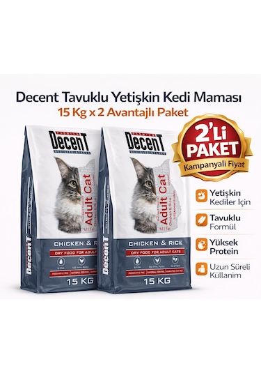 Decent Tavuk Etli Yetişkin Kedi Maması 15 Kg 2 Adet