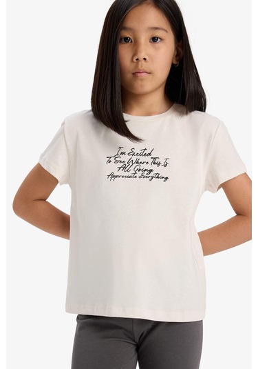 Defacto Kız Çocuk Bisiklet Yaka Baskılı Kısa Kollu Tişört E5892a825smbg697 Bej