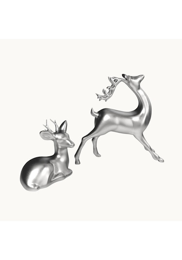 Dekoratif Gümüş Renk 2'li Geyik Biblo Seti