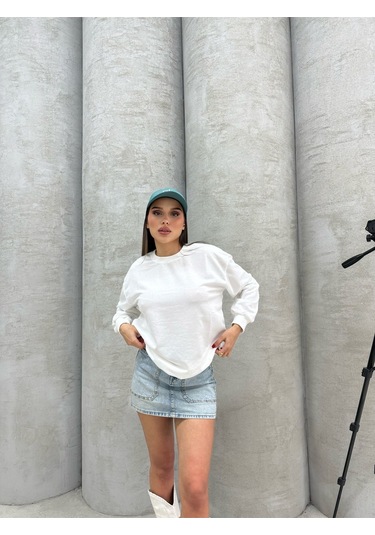 Düz Renk Kadın Sweatshirt Beyaz