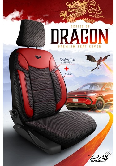 Siyah - Kırmızı Garni Panda Dragon Serisi Dokuma Kumaş Oto Koltuk Kılıfı - Tam Set