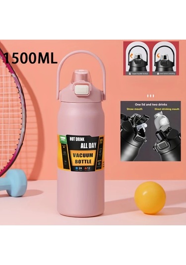 Meridiangoods Pembe 1500 Ml Paslanmaz Çelik Vakum Termos Sıcak Soğuk İçecek Seyahat Pembe Renk