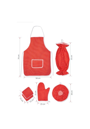 6 Parça Mutfak Seti & Mutfak Önlüğü , Fırın Eldiveni , 2li Tutacak , Organizer Poşetlik , Demlematikkırmızı Puantiye