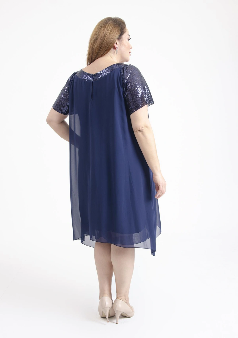 Büyük Beden Lacivert Renkli V Yakalı Pul Payet Detaylı Şifon Kısa Abiye Elbise Lacivert
