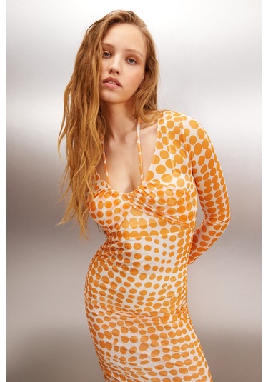 Anatola Kadın Tül Mesh Kumaşlı Puantiyeli Boyundan Bağlamalı Turuncu /desenli Elbise