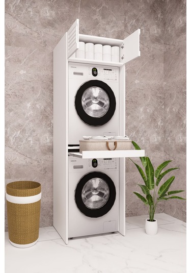 Mdf Çamaşır Makinesi Ve Kurutma Makinesi Dolabı Lake Panjur Kapak Beyaz