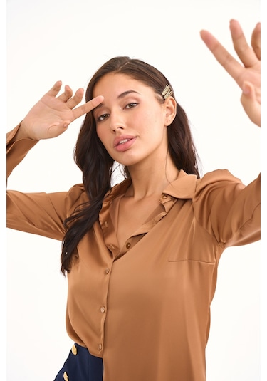 Sateen Vatkalı Saten Gömlek - Camel