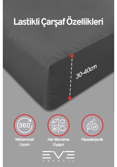 Eve Tekstil %100 Pamuk Ranforce Çarşaflı Yastık Ve Yorgan Kılıflı Çift Kişilik Nevresim Takımı 200x220 Cm Koyu Gri